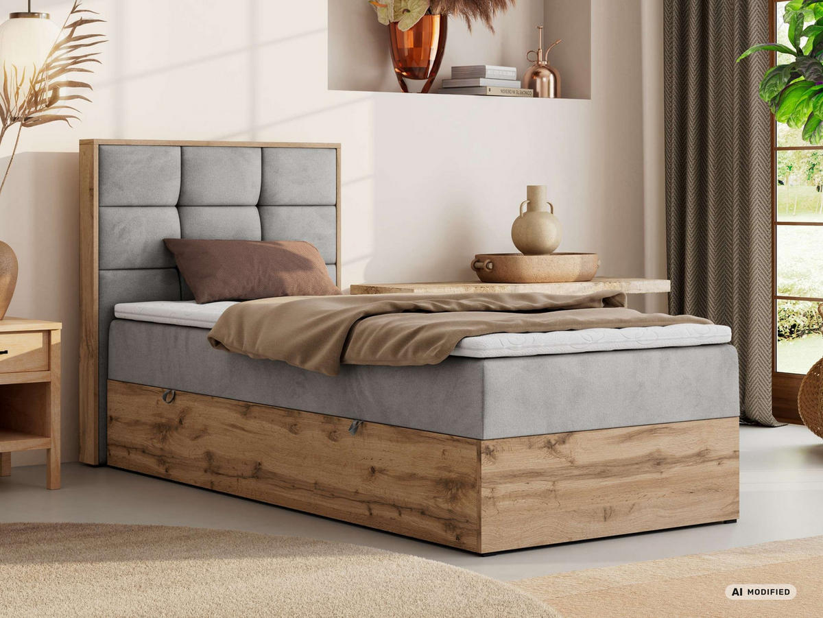 BOXBETT ALBERO 1 90/200 - Hellgrau Velvet - Topper Visco - H3 - Links - Hellgrau/Schwarz, Kunststoff/Textil (90/200cm) - MKS