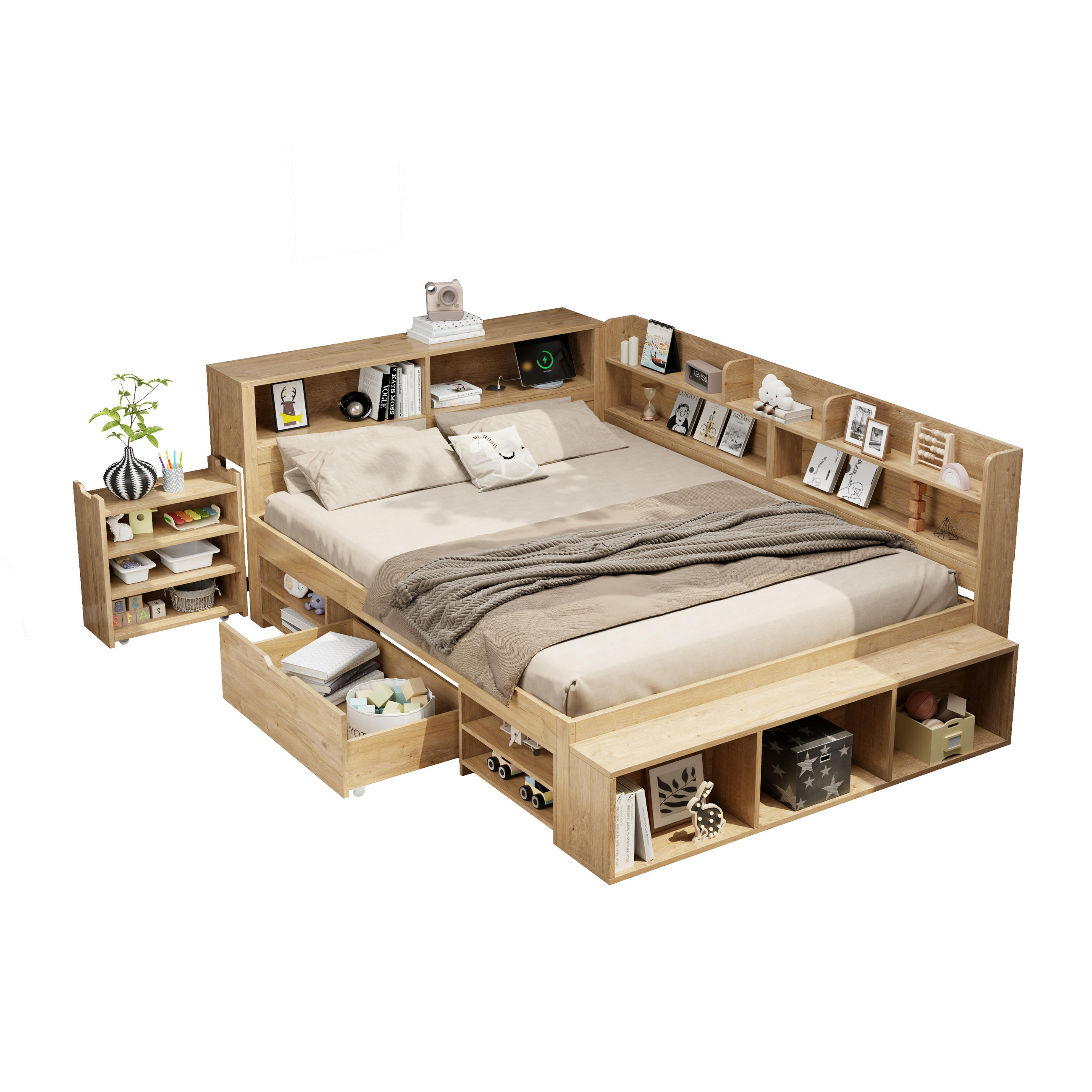 KINDERBETT 140/200 cm natur aus Sperrholz mit Stauraum und Regalen - Naturfarben, Holzwerkstoff (140/200cm) - OKWISH