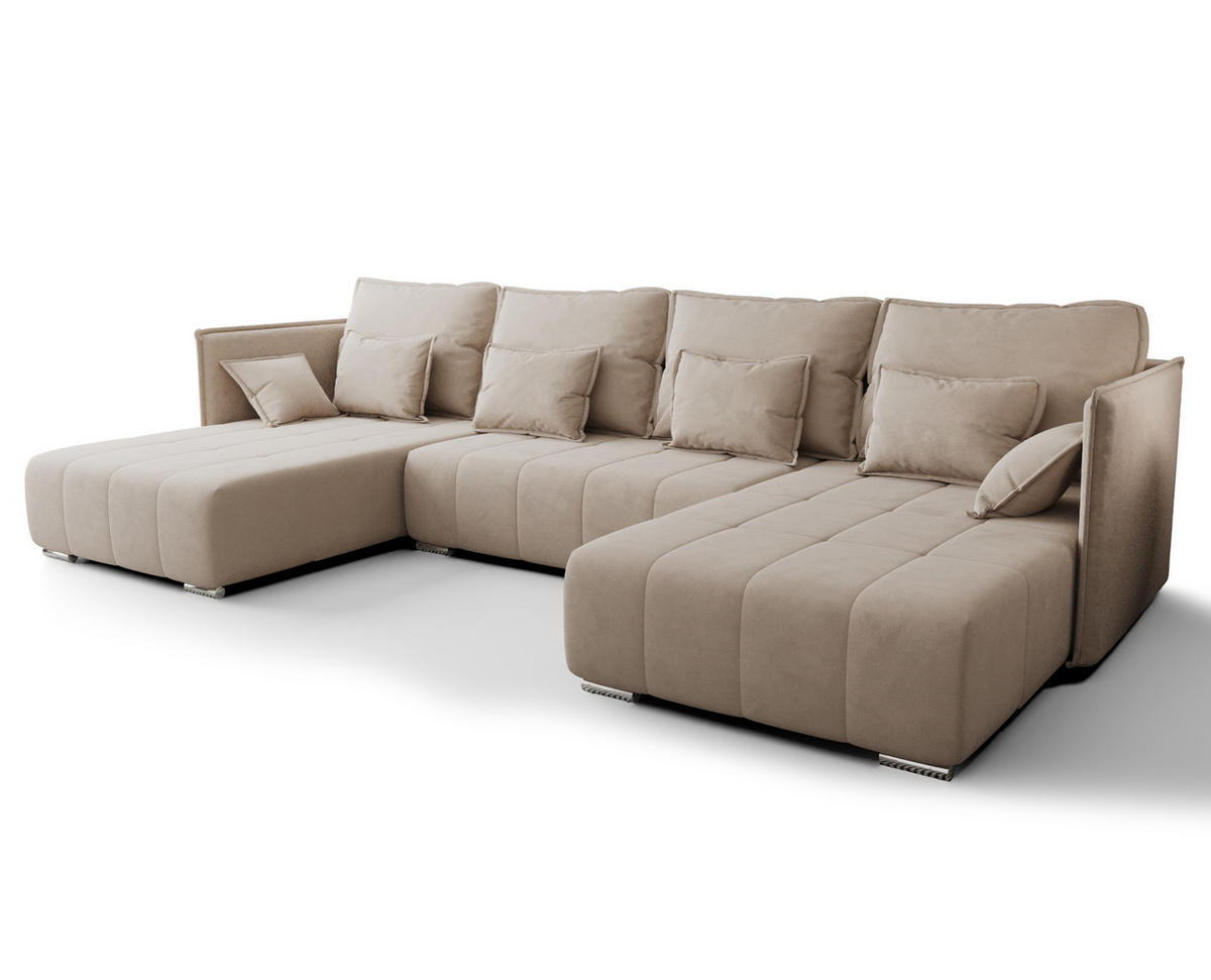 WOHNLANDSCHAFT Florinna Beige 345/182/87 cm mit Schlaffunktion - Chromfarben/Beige, Textil/Metall (345/87/182cm) - AX Living