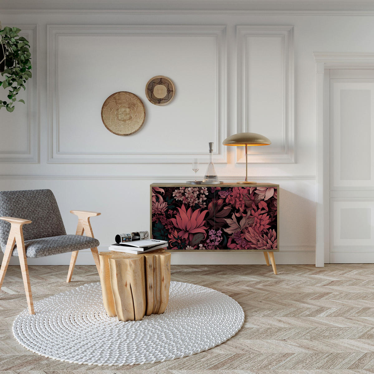 SIDEBOARD FLORAL WHISPER, Eicheneffekt, 111x42x77,5 cm, 2 Türen - Eichefarben/Buchefarben, Holzwerkstoff/Buchenholz (111/77.5/42cm) - SpaceRebels