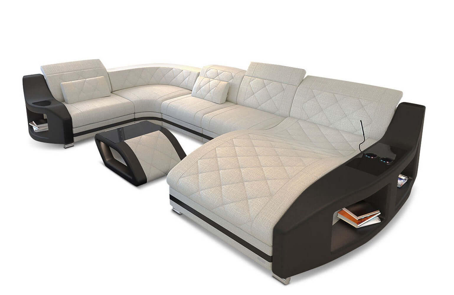 WOHNLANDSCHAFT Stoff Sofa Swing U Form Elfenbein Schwarz Strukturstoff - Creme, Kunststoff (404/90/220cm)