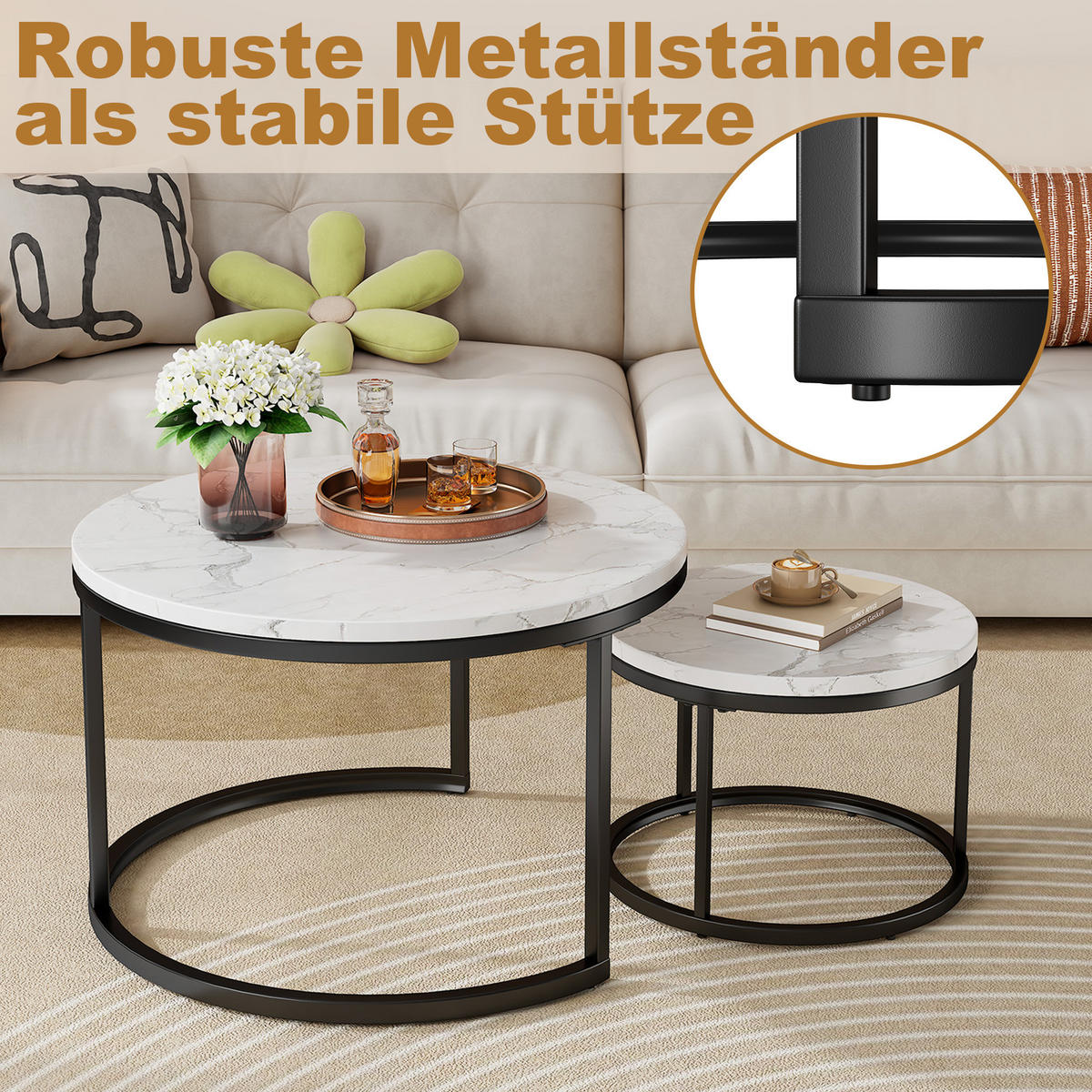 COUCHTISCH 2er Set 70/70/45 cm in Weiß und Schwarz aus MDF mit Metallrahmen - Schwarz/Weiß, Holzwerkstoff/Metall (70/70/45cm) - CHICFURN