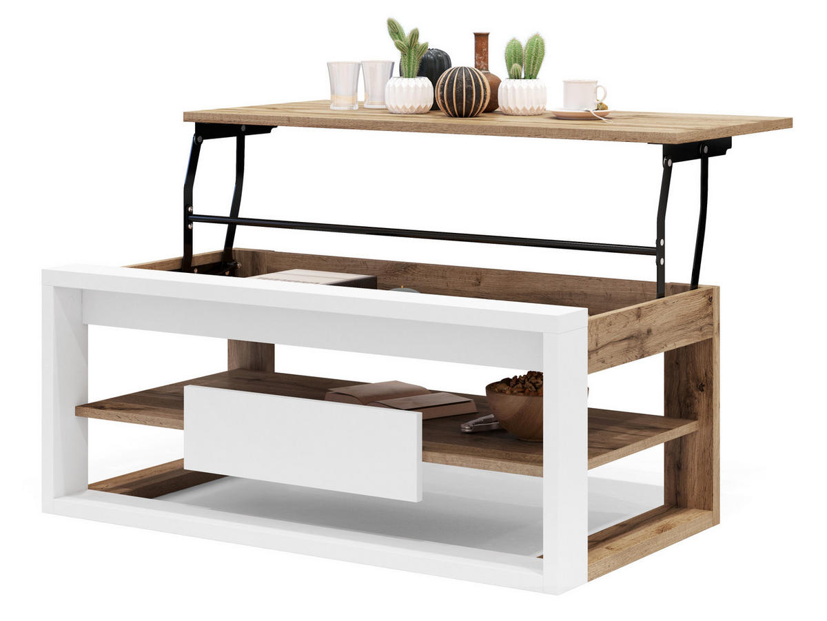 COUCHTISCH rechteckig Eiche Wotan Weiß aufklappbar - Eiche Wotan/Weiß, Holzwerkstoff (60/110/45cm) - designimpex
