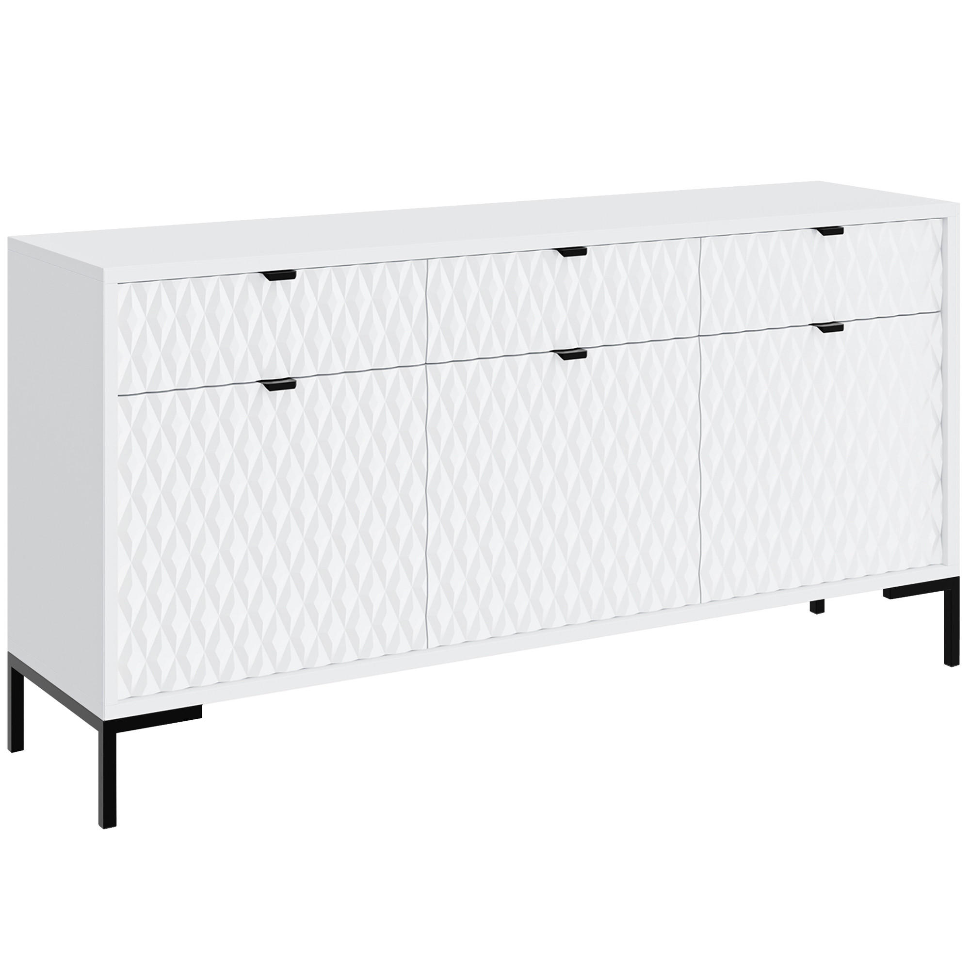 Beautysofa KOMODA Montreal se 3 dvířky a 3 zásuvkami, dekorativní 3D čela, 150 cm, bílá