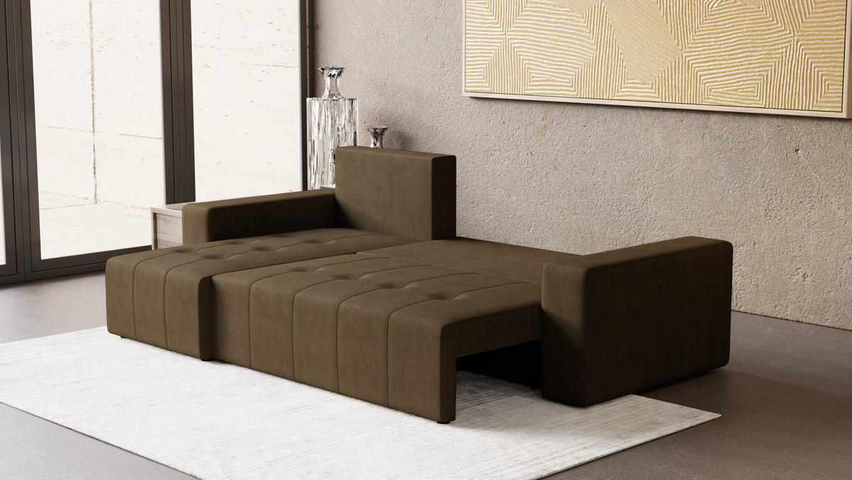 ECKSOFA Tico mit Bettkasten und Schlaffunktion, L-Form/XL-Form, Velourstoff, Universal - Braun, Holzwerkstoff (246/145cm) - 4ALL HOME