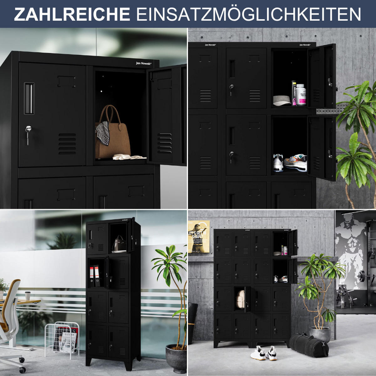 SCHLIESSFACHSCHRANK Spind ROBERT 8 Fächer 172x55,9x45cm Schwarz - Schwarz, Metall (55.9/172/45cm) - Jan Nowak