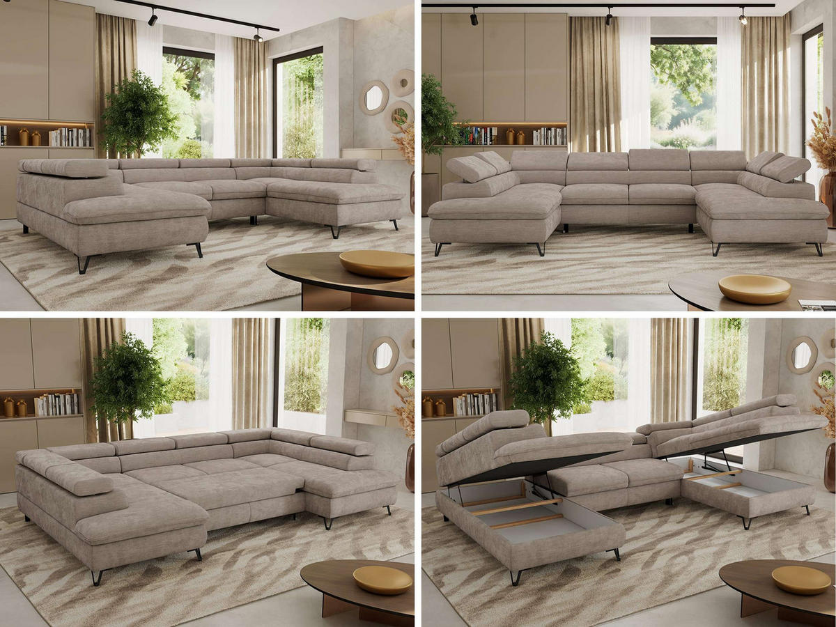 WOHNLANDSCHAFT PABLO U Schenille glatt Hellgrau mit Topper Visco - Hellgrau/Schwarz, Textil/Metall (346/76/208cm) - MKS