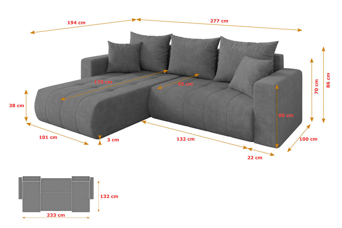 ROHOVÁ SEDAČKA s funkcí spaní, otoman vlevo MILA-L 277x194x86 šedá velur - černá/šedohnědá, kompozitní dřevo/textil (277/194cm) - ALTDECOR