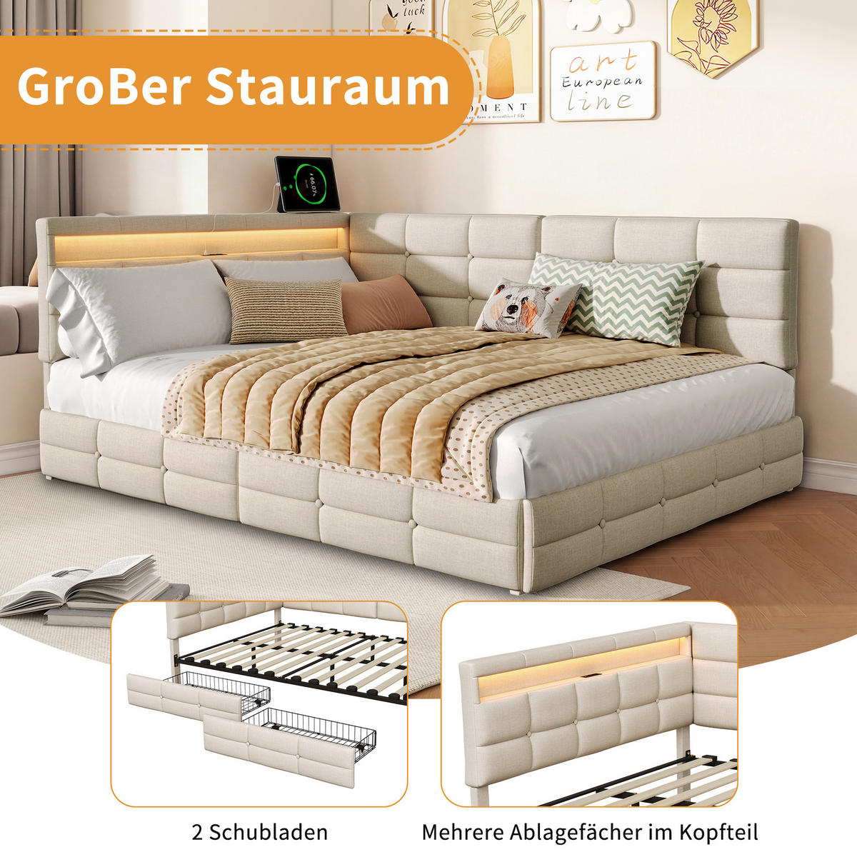 BETT 140x200 cm mit L-förmigem Kopfteil, 2 Schubladen, USB-Ladeanschluss, LED-Licht, Leinenstoff, Beige - Beige, Holz (140/200cm) - BRILVERDE