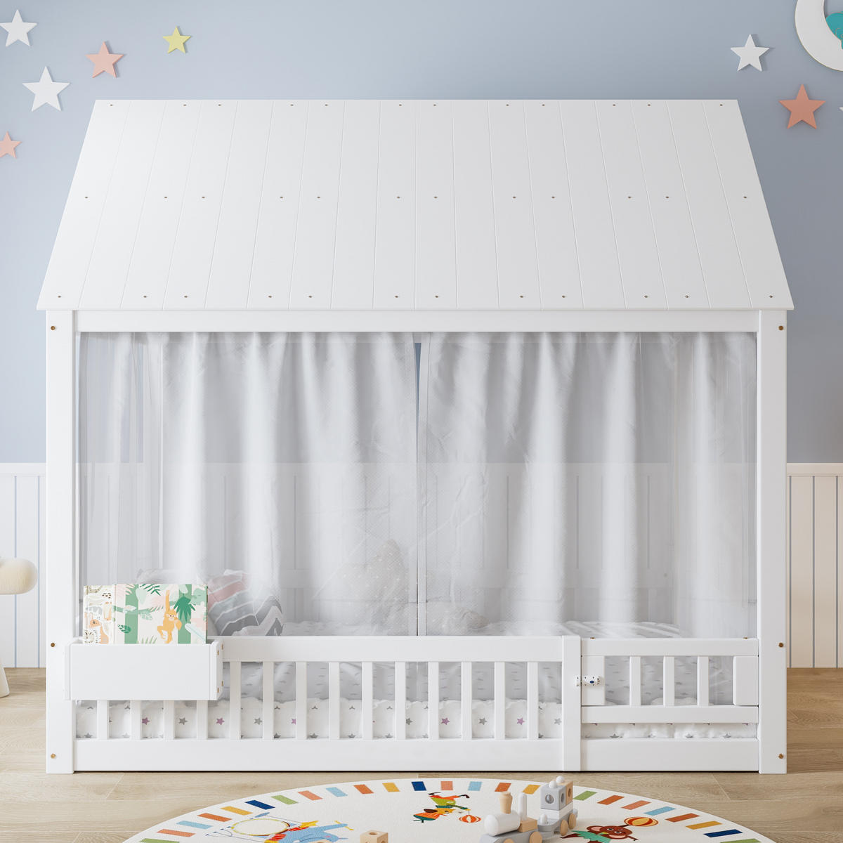 HAUSBETT 140x200 cm in Weiß mit dekorativen Vorhängeschirmen - Weiß, Holz (140/200cm) - KOMHTOM