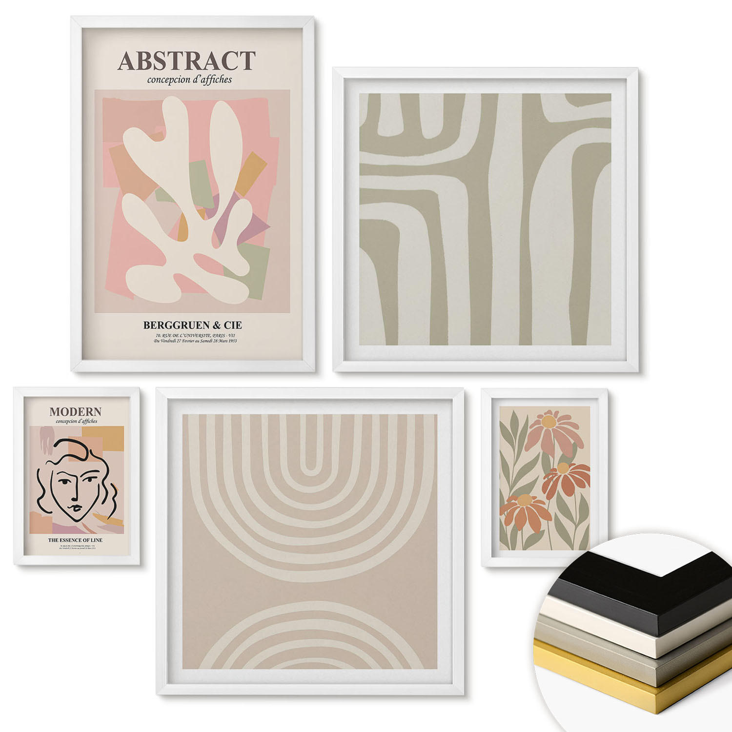 WANDBILDER 5er-Set - 50x50 cm & 20x30 cm & 40x60 cm Weißer Rahmen - Abstrakte Pflanzenformen - Weiß, Kunststoff (40/60cm) - ArtPrintCave