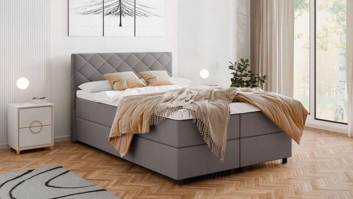 BOXBETT Diamaro 140x200 cm mit Bettkasten und Topper - Dunkelgrau - Grau, Holz (140/200cm) - Panda Möbel