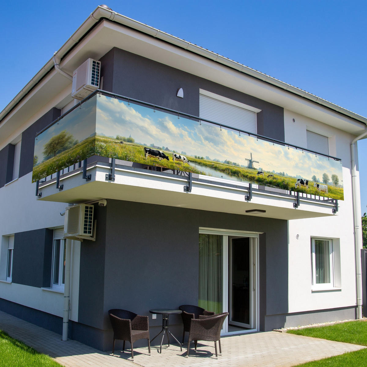 BALKON-SICHTSCHUTZ Kühe - Windmühle - Wiese - Blau - Grün, Kunststoff (500/80cm) - MuchoWow
