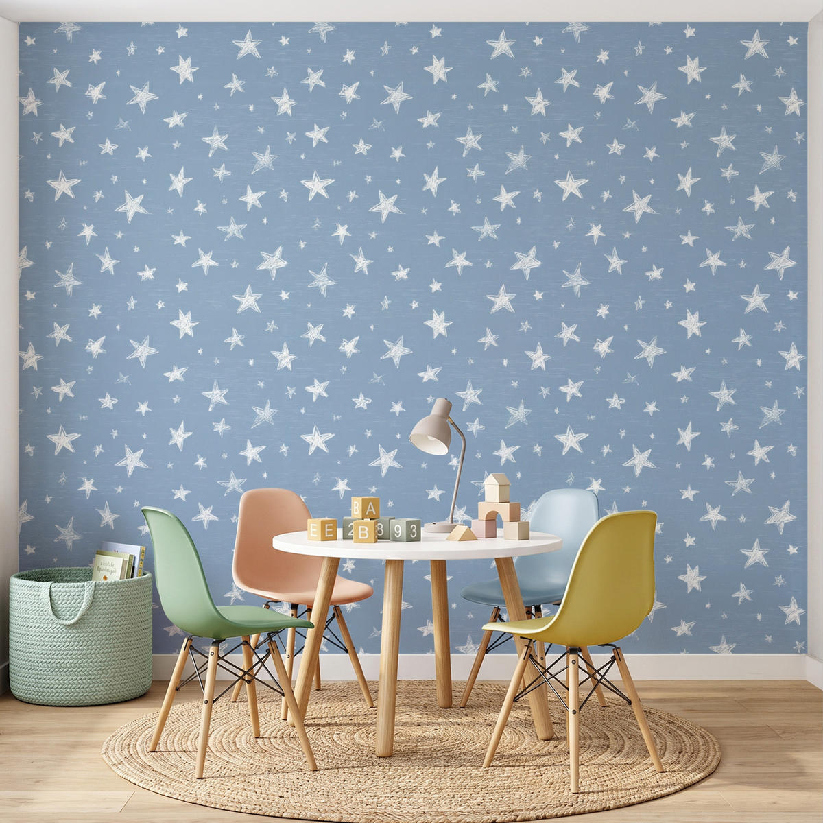 KINDERTAPETE - Sterne - Muster - Blau - 300x260 cm - Hellblau, Papier (300/260cm) - OnlyWow