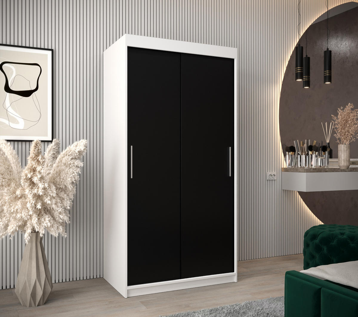 SCHWEBETÜRENSCHRANK 200/100/62 2-türig - Silberfarben/Schwarz, Holz/Kunststoff (100/200/62cm) - Abiks Möbel