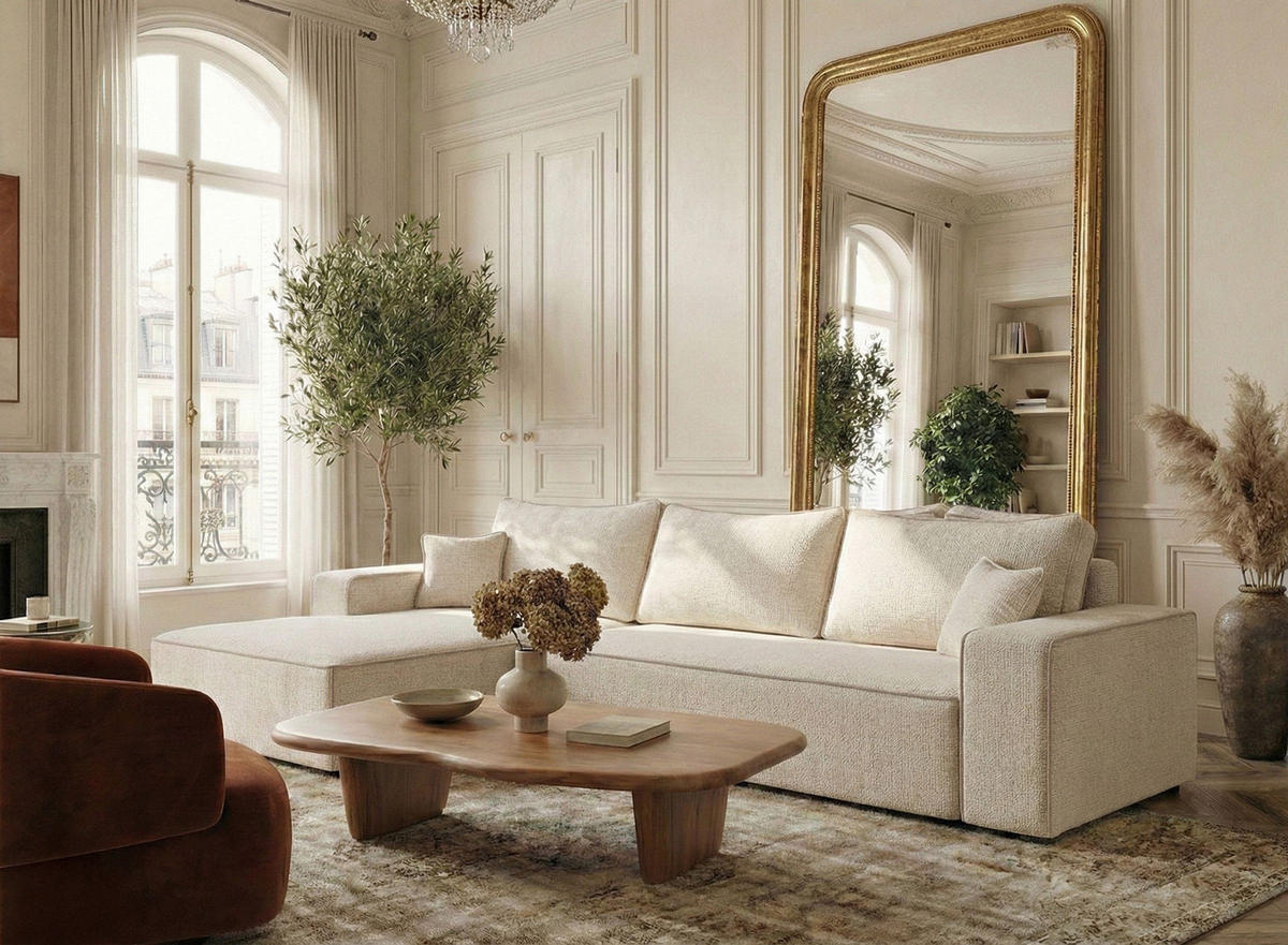 ECKSOFA MIT SCHLAFFUNKTION Modo Hellbraun Chenille-Stoff - Links Seite - Beige/Creme, Holz/Holzwerkstoff (185/294cm) - Maison de Reve