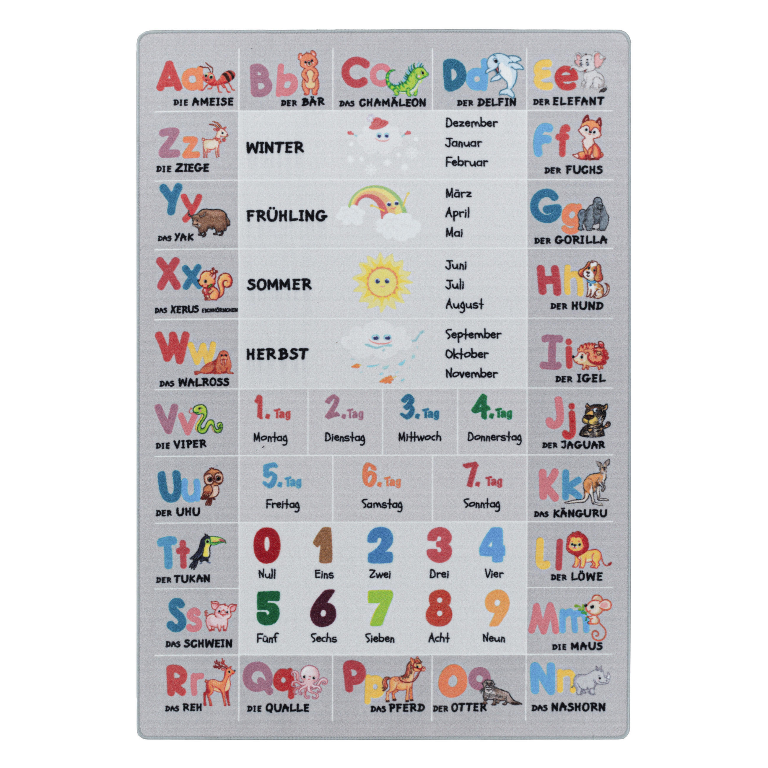 TEPPICH Kinder Flachgewebe Tiere-Zahlen-Alphabet Polyamid Kinderzimmer Grau Rechteckig 160x230 - Grau, Textil (160/230cm) - KADIMA DESIGN