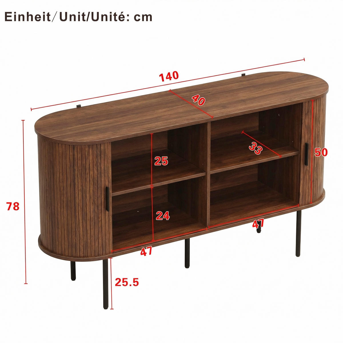 SIDEBOARD Rolljalousie MDF Metallbeine Stauraum modern - Walnussfarben, Holzwerkstoff (40/78/140cm) - FLIEKS