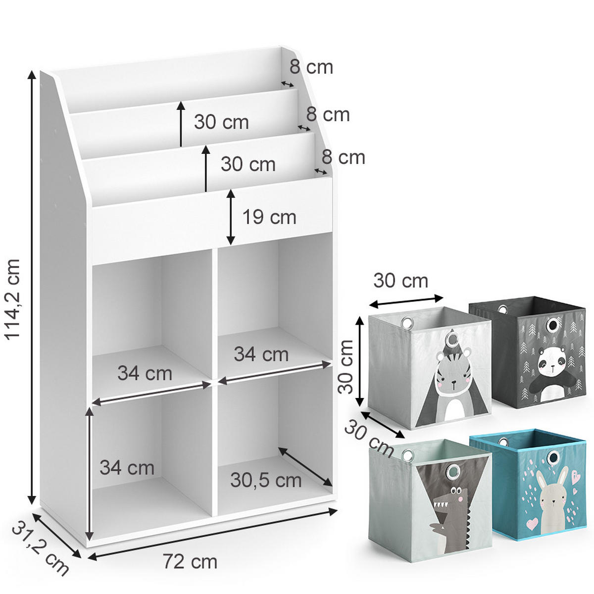 KINDERREGAL Luigi Weiß 72 x 114.2 cm mit 4 Faltboxen - Weiß, Holzwerkstoff (72/114.2/31.2cm) - Vicco