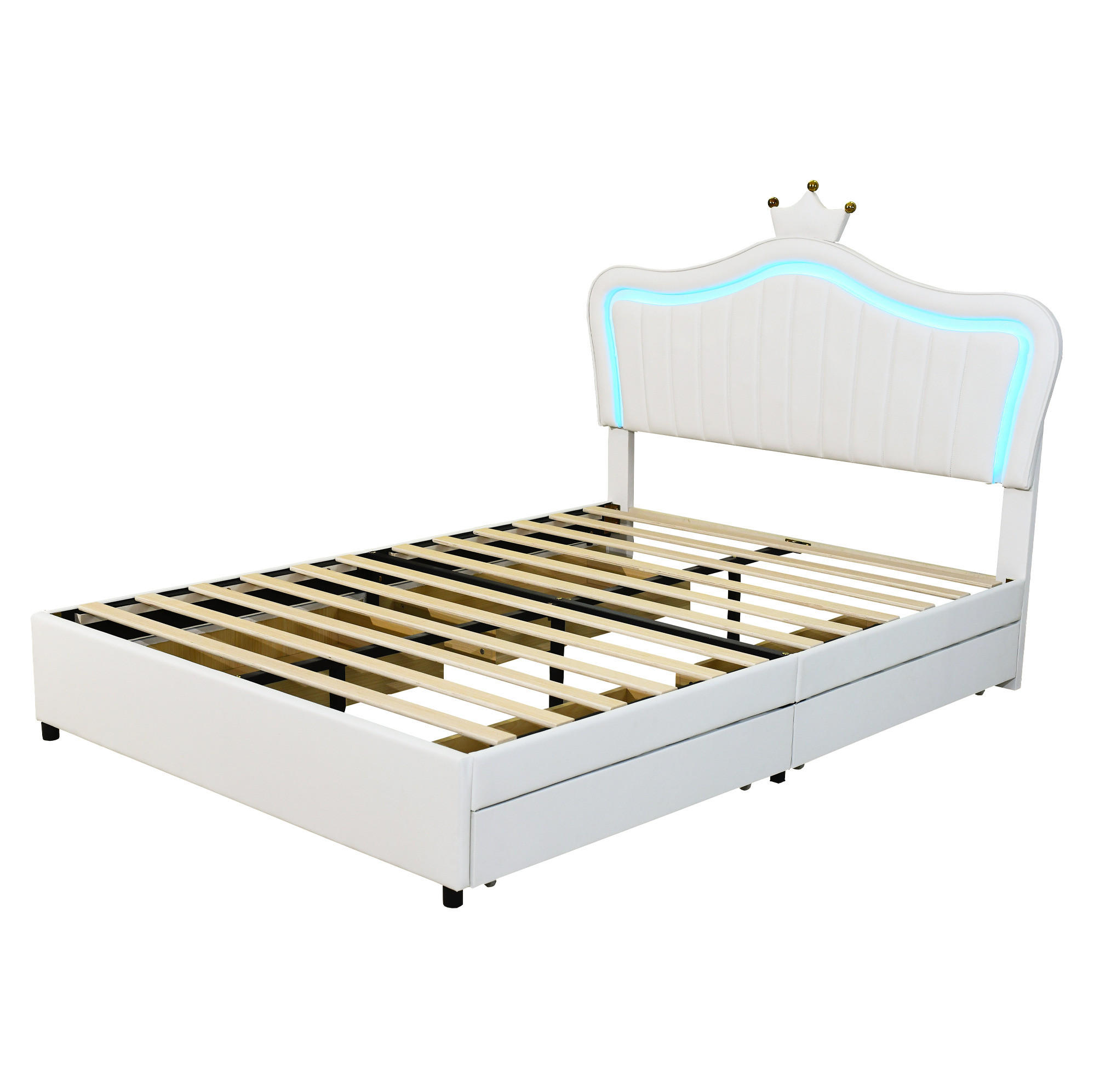 OKWISH DĚTSKÁ čalouněná postel 140/200 cm bílá z PU kůže s LED osvětlením a zásuvkami