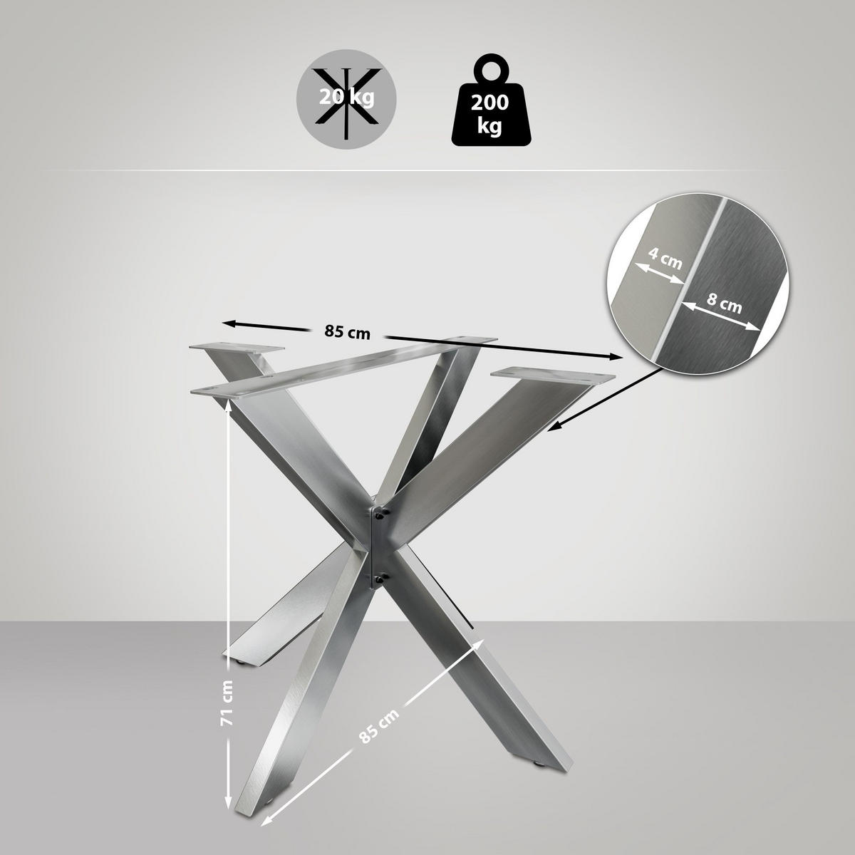 TISCHBEIN eckig 85/85/71 cm Metall edelstahl - Edelstahlfarben, Metall (85/71/85cm) - CLP