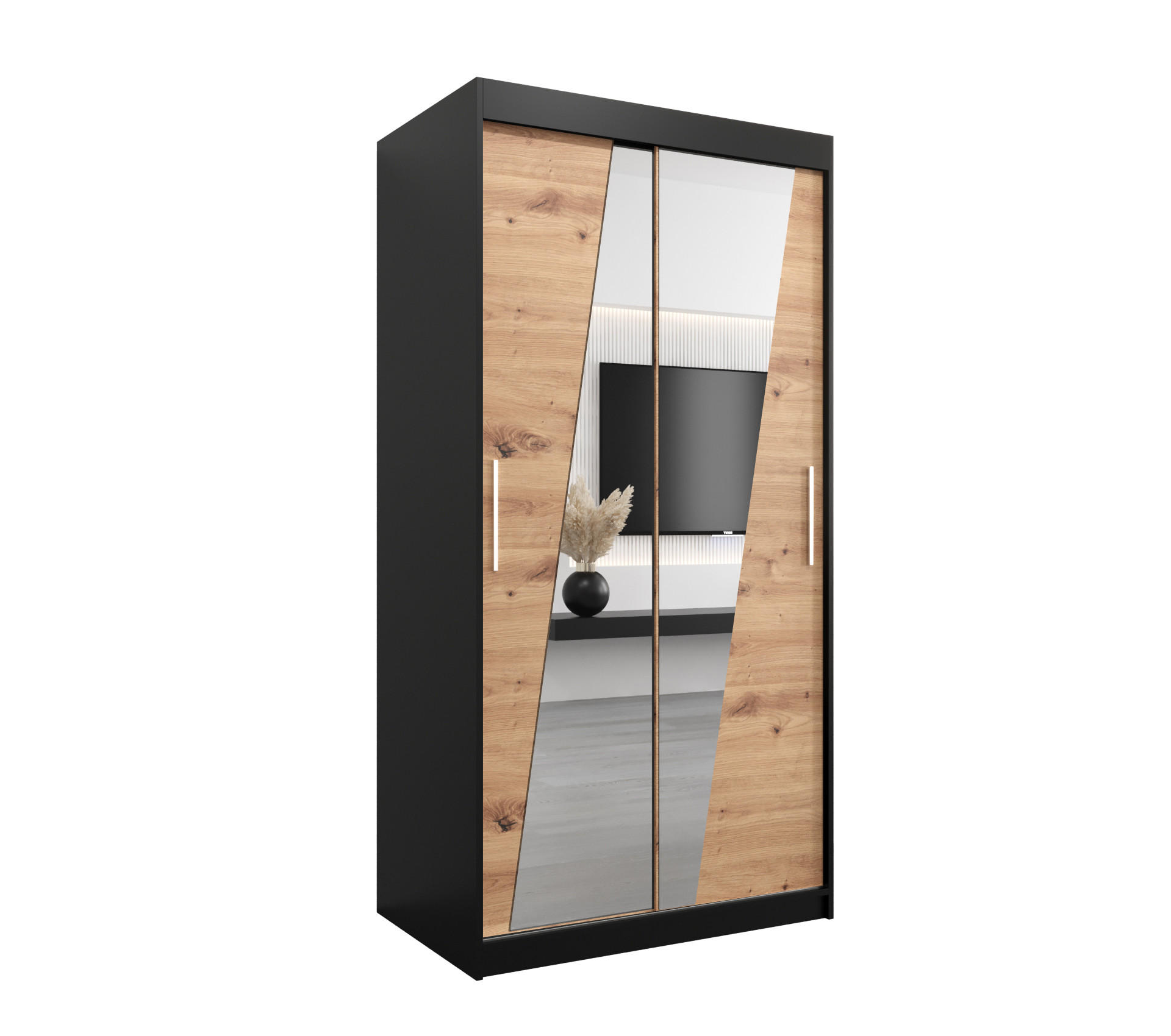 SCHWEBETÜRENSCHRANK 200/100/62 2-türig - Silberfarben/Schwarz, Holz/Kunststoff (100/200/62cm) - Abiks Möbel