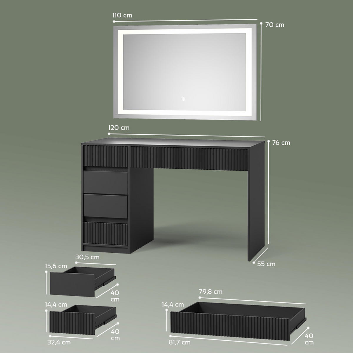 SCHMINKTISCH Allia Schwarz 120 cm mit LED-Spiegel - Schwarz, Holzwerkstoff (120/76/55cm) - Livinity®