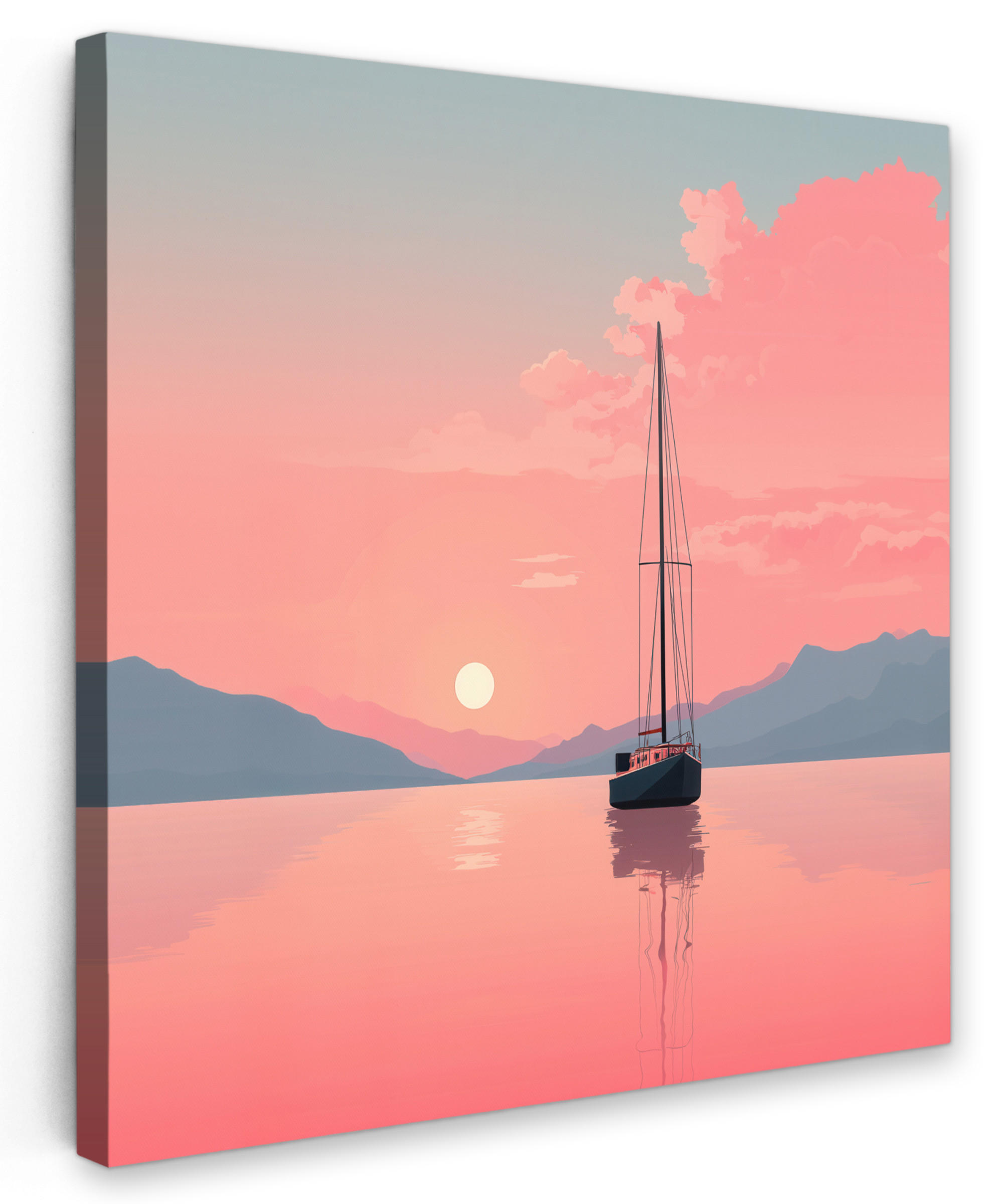 MuchoWow OBRAZ NA PLÁTNĚ Plachetnice - Růžové moře - Západ slunce - Hory 20x20 cm