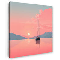 LEINWANDBILD Segelboot - Rosa Meer - Sonnenuntergang - Berge Wandbild Wohnzimmer 50x50 cm - Rosa, Textil (50/50cm) - MuchoWow
