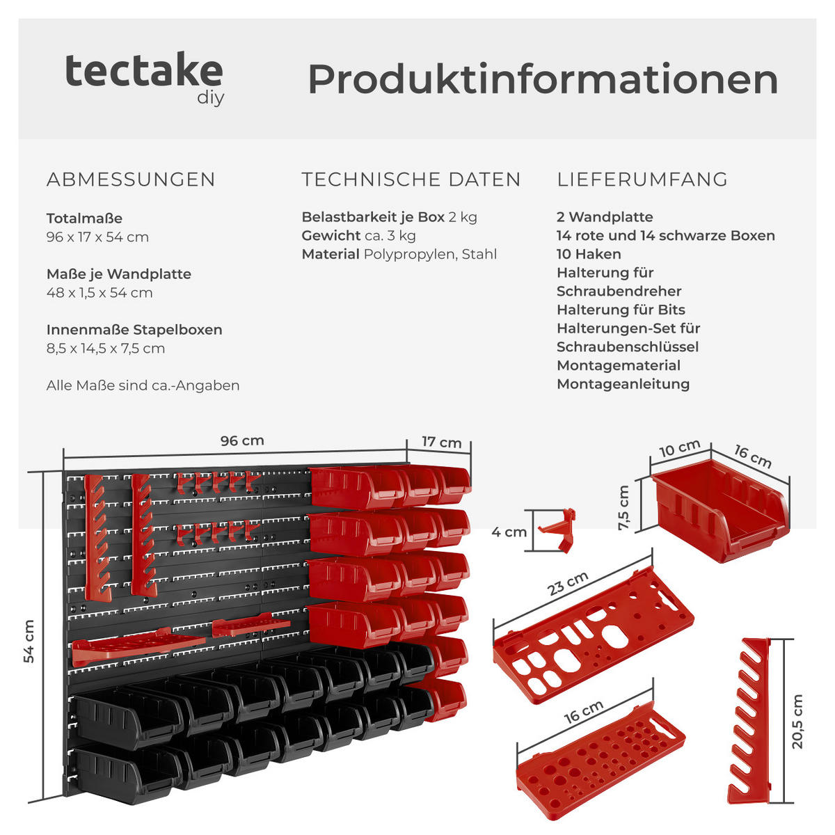 KLEINTEILEMAGAZIN ,inklusive Halterungen für Werkzeug und Zubehör,schwarz - Schwarz, Textil (96/54/17cm) - tectake