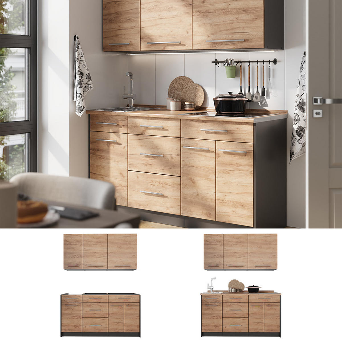 SAMOSTATNÁ KUCHYŇA Fame-Line, Dub Goldkraft/antracitová, 150 cm, AP Oak - dub medový/antracitová, kompozitné drevo (150/82/60cm) - Vicco