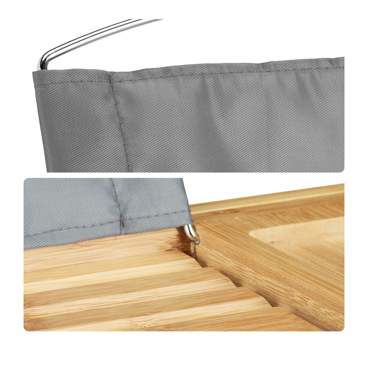 BADKARSBRICKA Natur bambu utdragbar med bokstöd - Ljusbrun, Trä/Textil (107.5/19/23cm) - Relaxdays