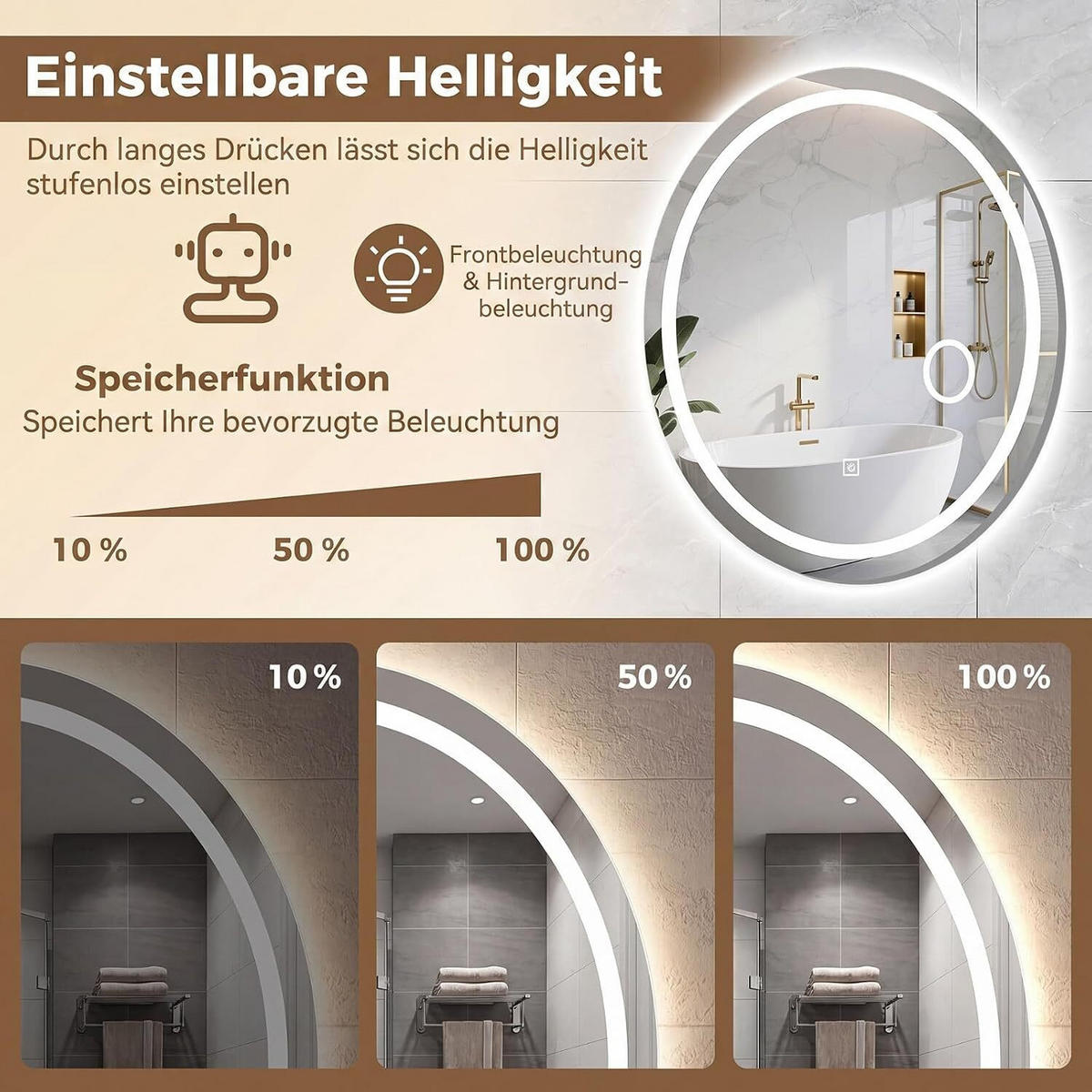 BADEZIMMERSPIEGEL oval golden - Goldfarben, Glas (50/60/4cm) - COSTWAY