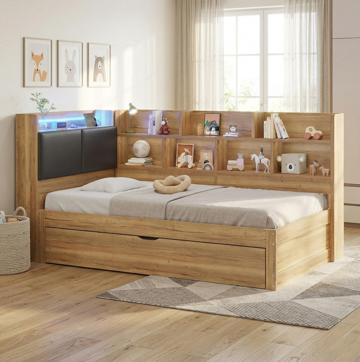 KINDERBETT 90/200 cm aus MDF mit Ausziehbett 90/190 cm, LED und USB - Naturfarben, Holzwerkstoff (90/200cm) - BEAOK