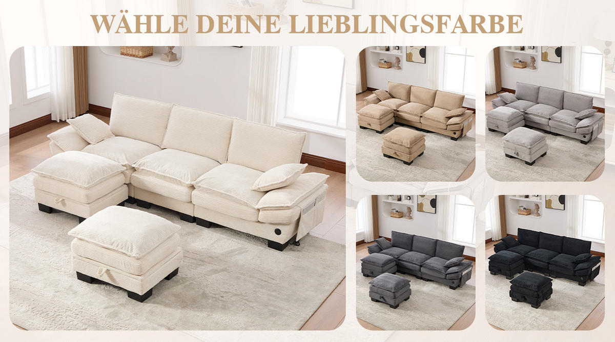WOHNLANDSCHAFT aus Corduroy 260x132x84 cm in Beige mit USB-C & Seitentaschen - Beige, Textil (132/84/260cm) - Modfu