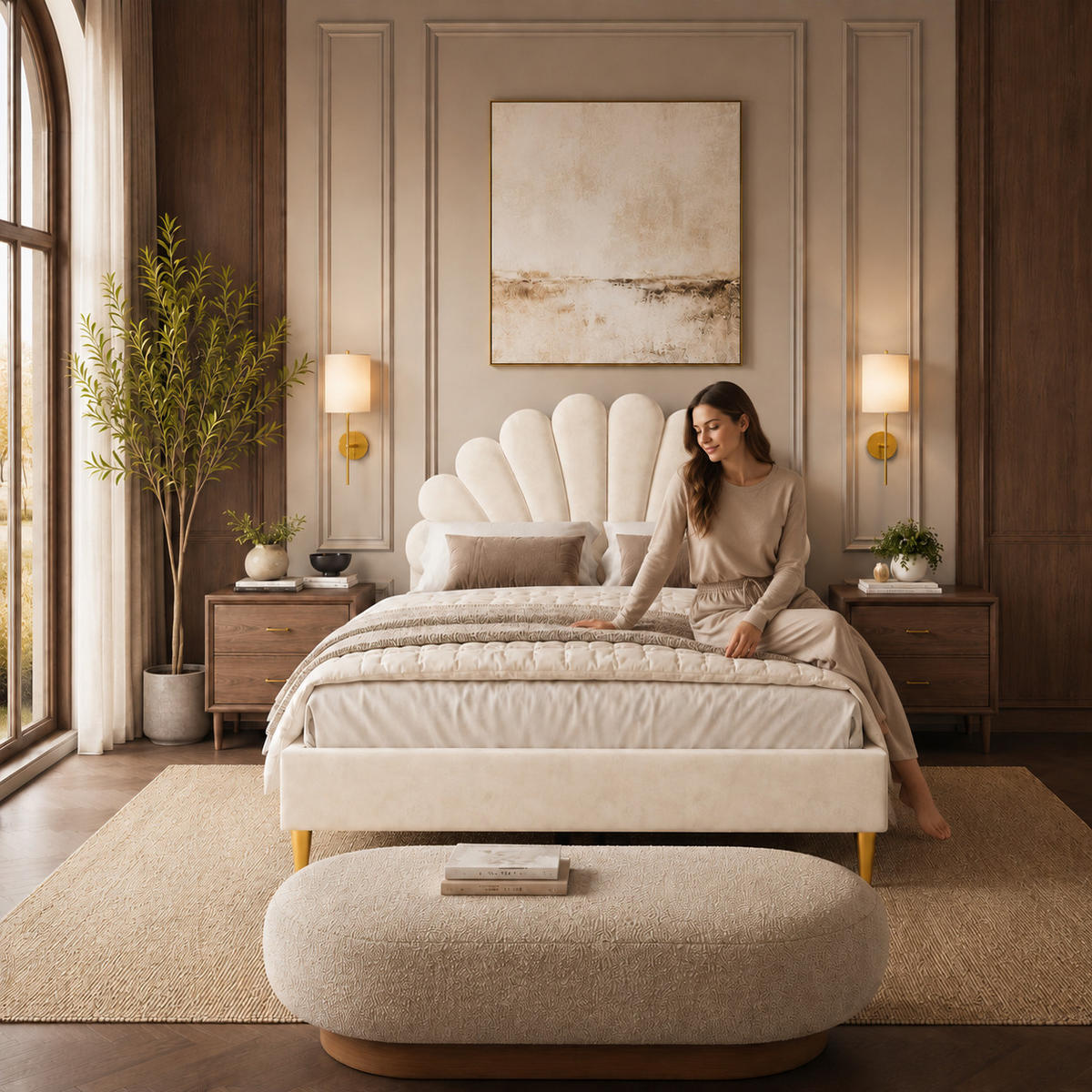 POLSTERBETT 140/200 Beige Muschelkopfteil Doppelbett Jugendbett - Beige, Holz/Metall (140/200cm) - Joyfair