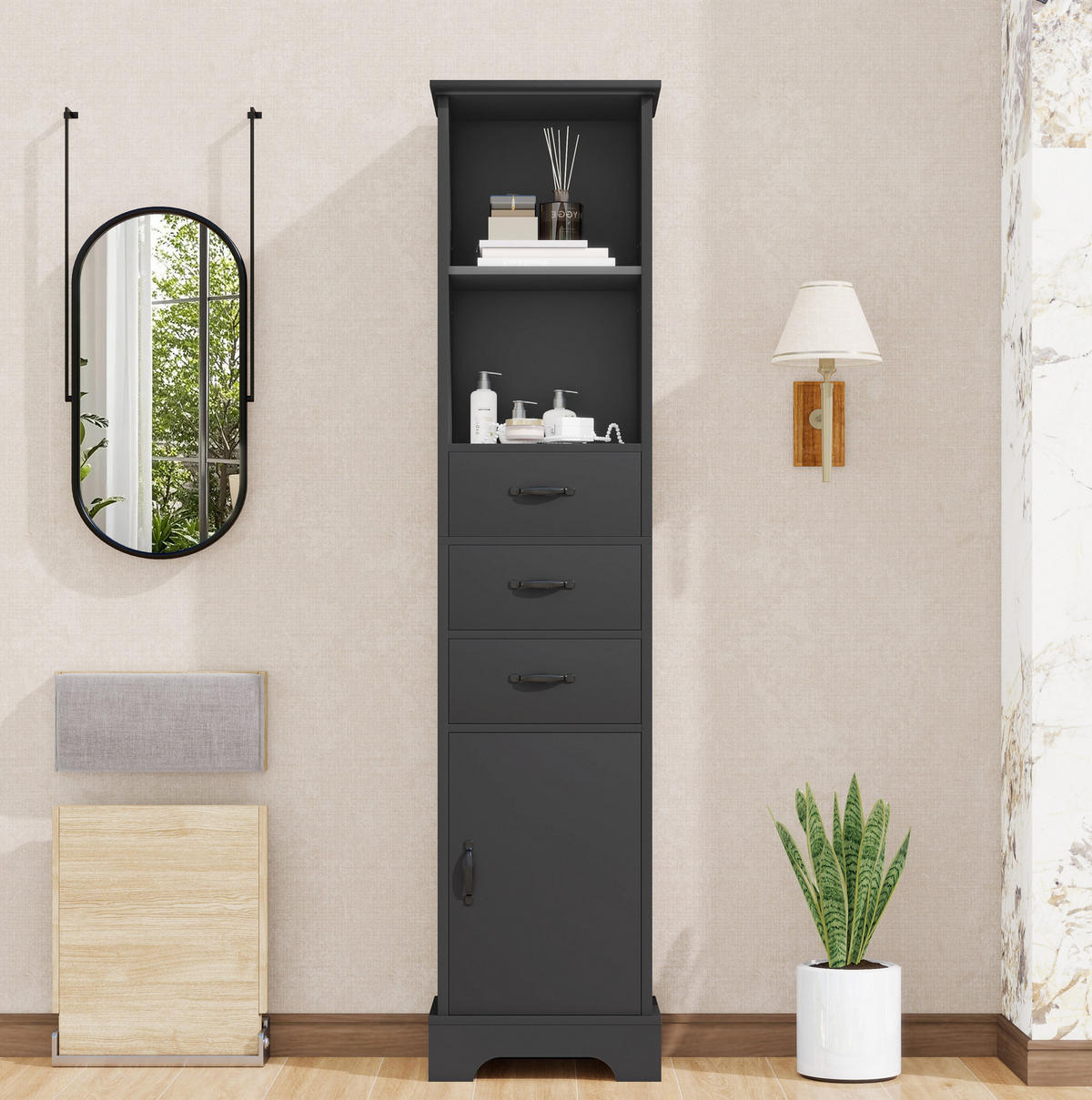 BADEZIMMERSCHRANK mit 3 Schubladen 38 x 26 x 172,5 cm Schwarz - Schwarz, Holzwerkstoff (26/172.5/38cm) - Beauniv