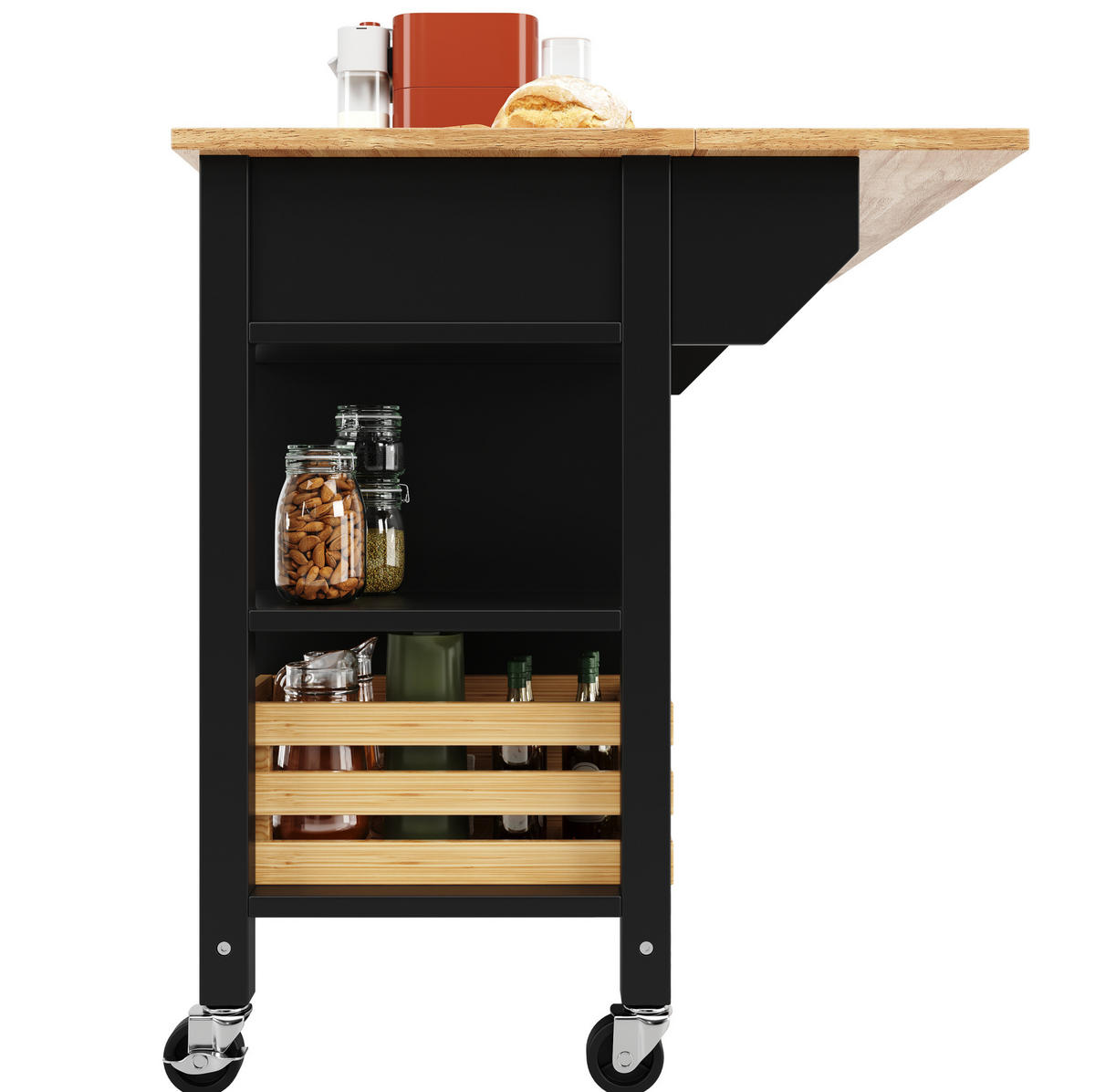 KÜCHENINSEL 120x73x90cm Schwarz mit Klapptisch & Ausziehkorb - Schwarz, Holzwerkstoff (120/90/73cm) - Modfu
