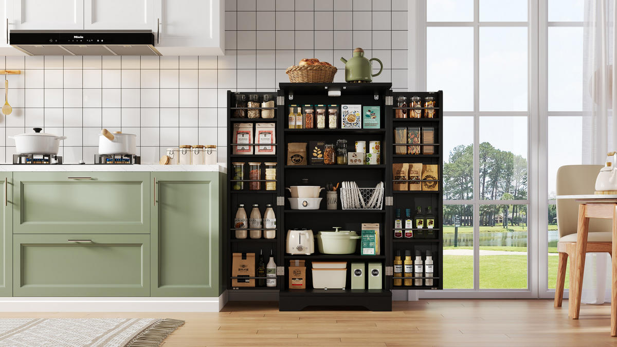 MODERNER Hochschrank aus MDF mit 3D-Wellentüren, LED-Sensorlicht und verstellbaren Regalböden, 120/60/40 cm, Schwarz - Schwarz, Holzwerkstoff (60/120/40cm) - Redom