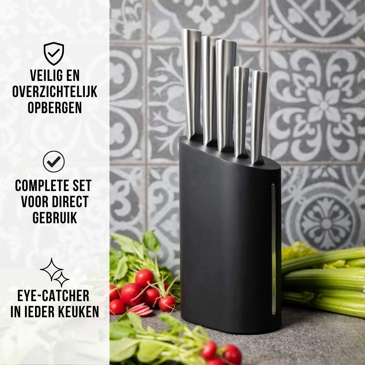 MESSERBLOCK - Kochmesser, Brotmesser, Fleischmesser, Officemesser & Schälmesser 6-teilig - Schwarz, Holz (2/2/1cm) - Blackwell