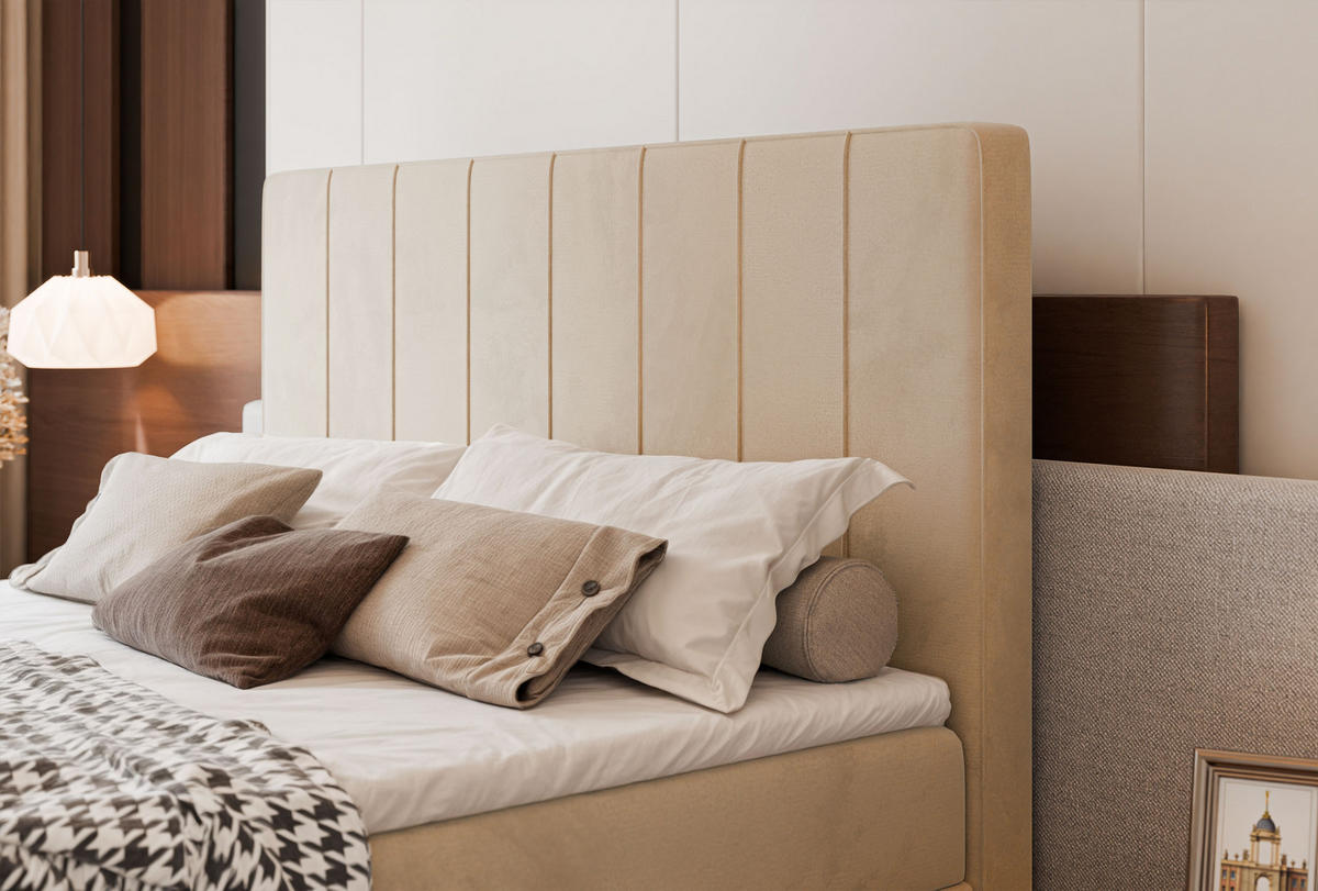 BOXBETT VERA 120x200 cm mit Matratze und Topper, Dichter wasserabweisender Samt Hellbeige - Beige, Textil (120/200cm) - Idohome