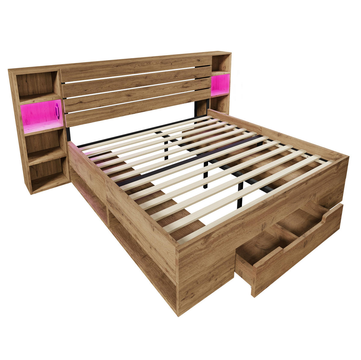 ČALOUNĚNÁ postel z dřeva a kovu, 160/200 cm dub, s LED osvětlením a USB-C - barva dubu, kov (160/200cm) - BEAOK