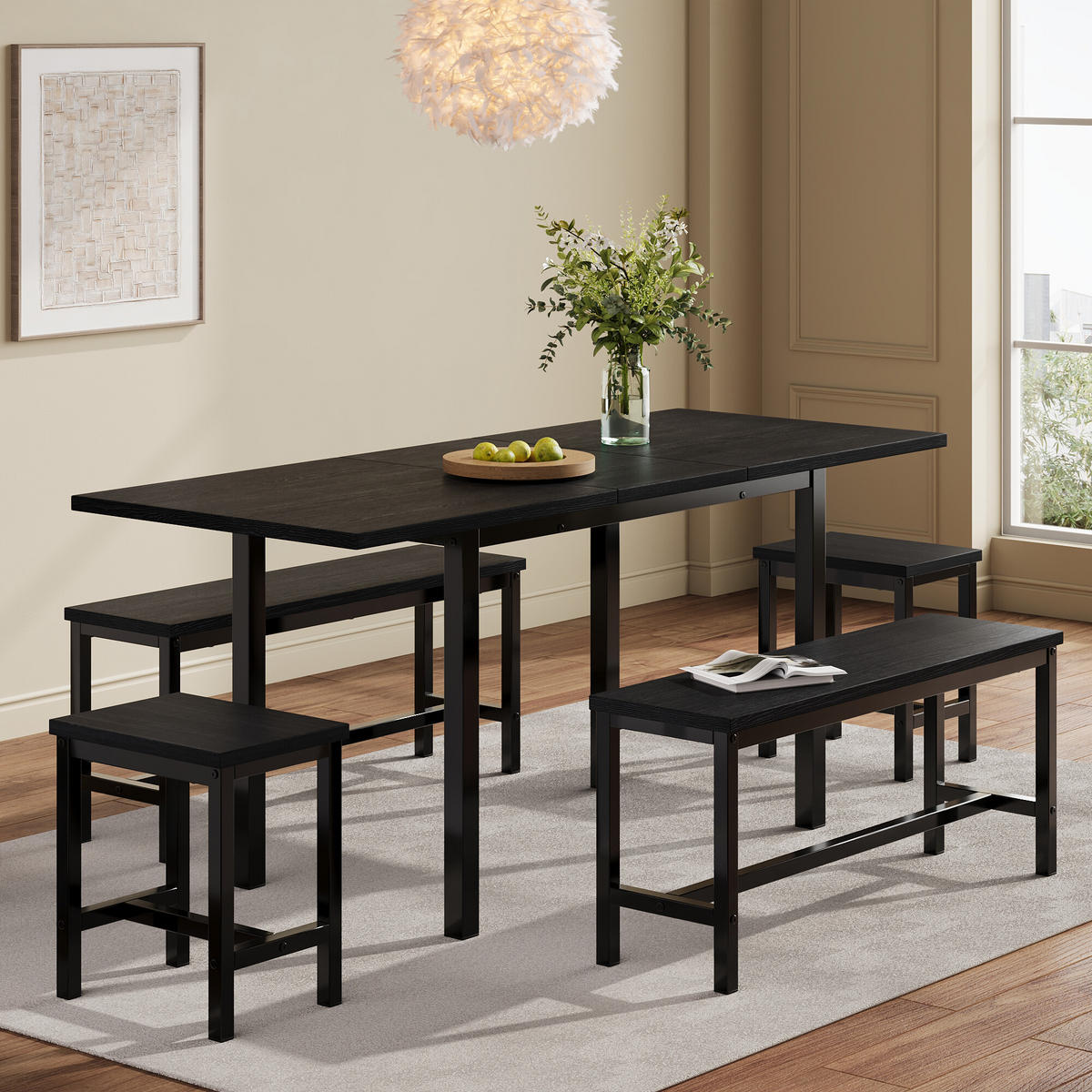 TISCHSET Ausziehbar mit mit 2 Bänken und 2 Hockern - Schwarz, Holzwerkstoff/Metall (70/75/160cm) - Urban Meuble