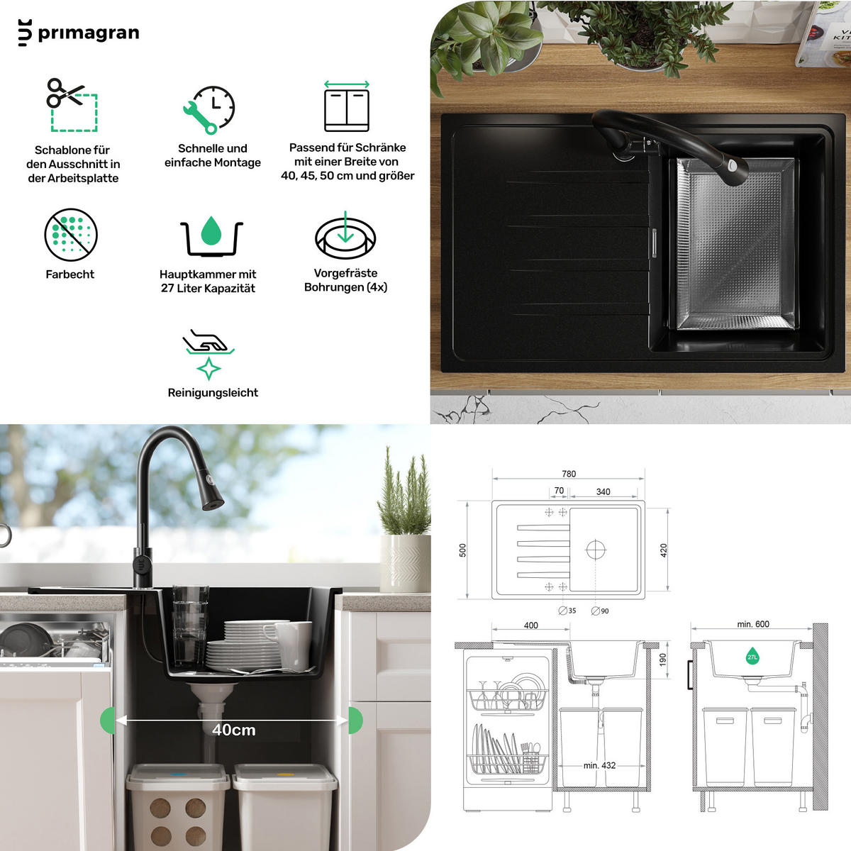 SPÜLBECKEN Mailand, 2-er set Schwarz 78/50 cm 1 Becken + Ablauf-Set ab 45er Unterschrank - Chromfarben/Schwarz, Kunststoff (78/19/50cm) - Primagran