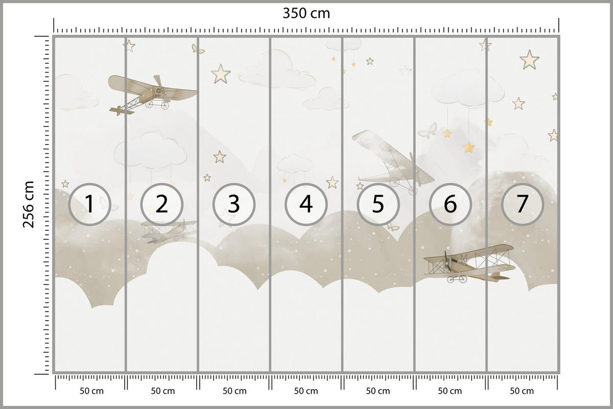 FOTOTAPETE für Kinderzimmer Flugzeuge Wolken Sterne Himmel 350x256 - Gelb/Beige, Papier (350/256cm) - Muralo