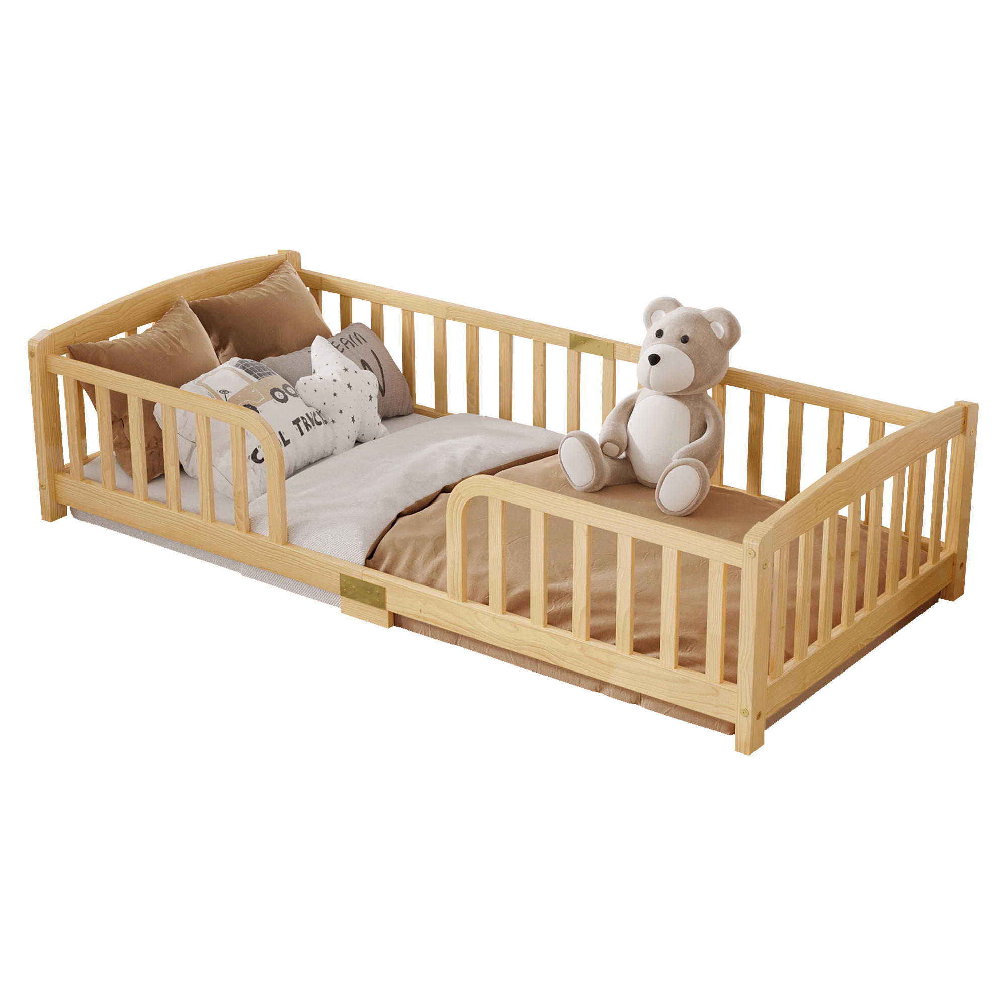 KINDERBETT, Bodenbett 90x200 cm mit Rausfallschutz aus Kiefer, Natur - Naturfarben, Holz/Holzwerkstoff (90/200cm) - LVHOM