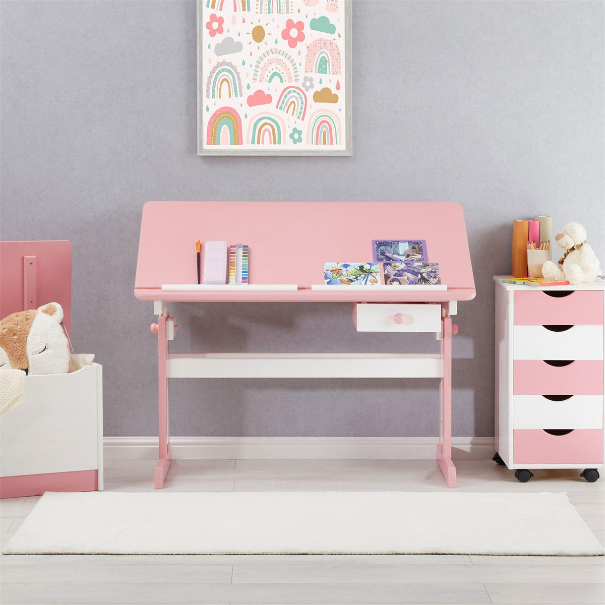 KINDERSCHREIBTISCH FLEXI - Weiß/Rosa, Holz (109/75/55cm) - IDIMEX