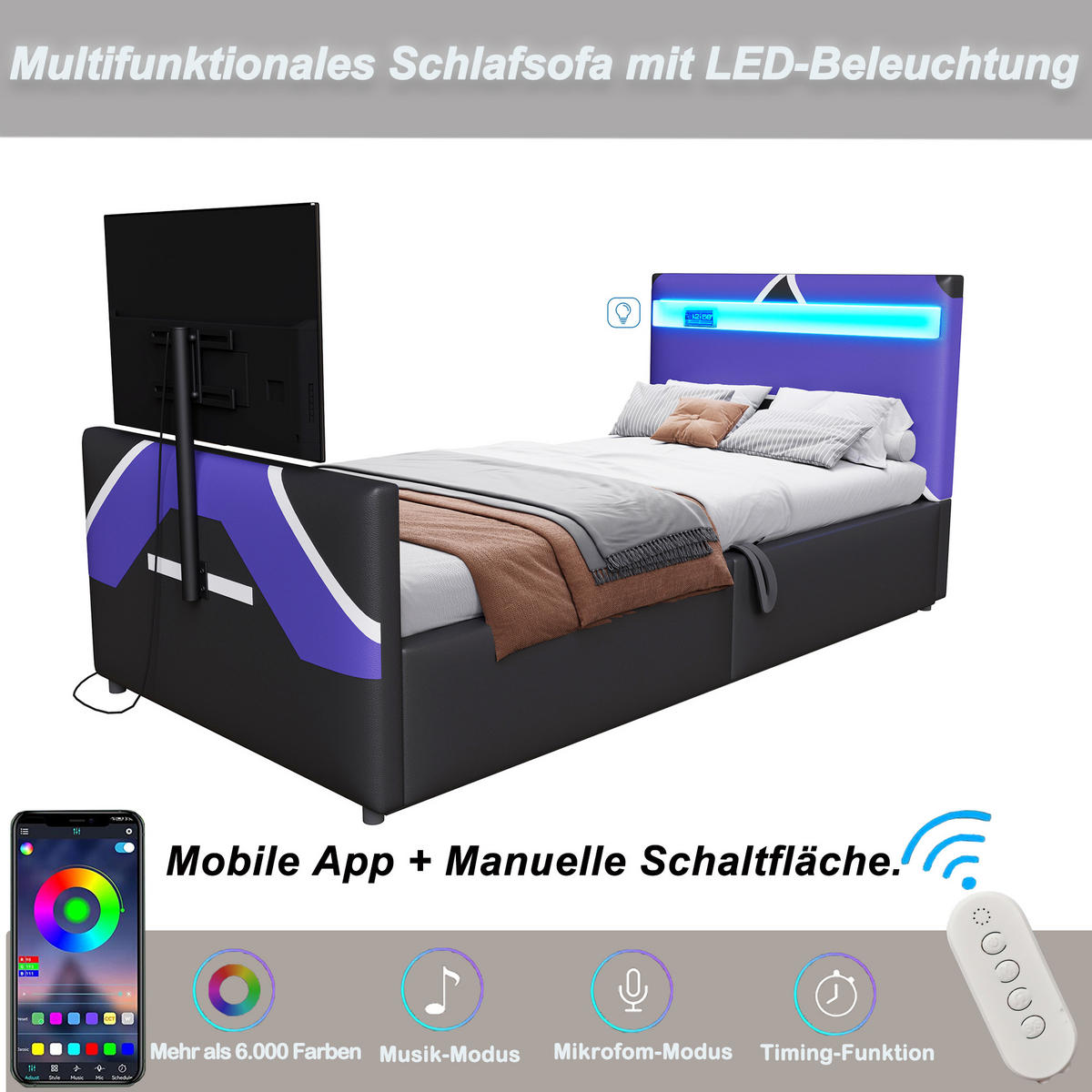 POLSTERBETT 90/200 cm Schwarz mit LED-Beleuchtung und TV-Halterung mit Stauraum - Blau/Schwarz, Kunststoff (90/200cm) - OKWISH