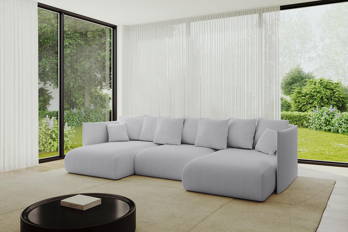 WOHNLANDSCHAFT mit Schlaffunktion und Bettkasten ONESK-U 304x165x40 Grau Cord - Grau, Holzwerkstoff/Kunststoff (304/90/165cm) - ALTDECOR