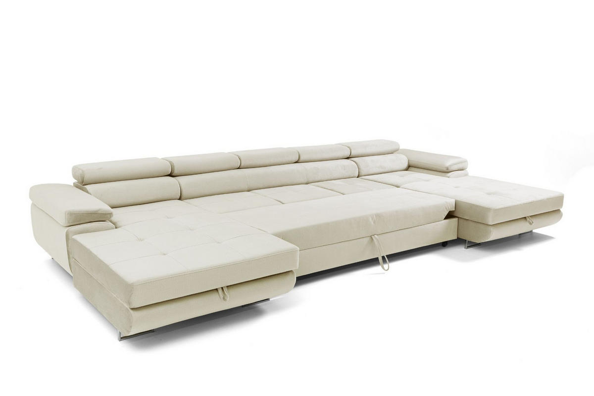 ECKSOFA U-Form ALONZO MAXI U mit Schlaffunktion 125x318 Velours Beige - Beige/Silberfarben, Holz/Textil (400/90/203cm) - Muffo